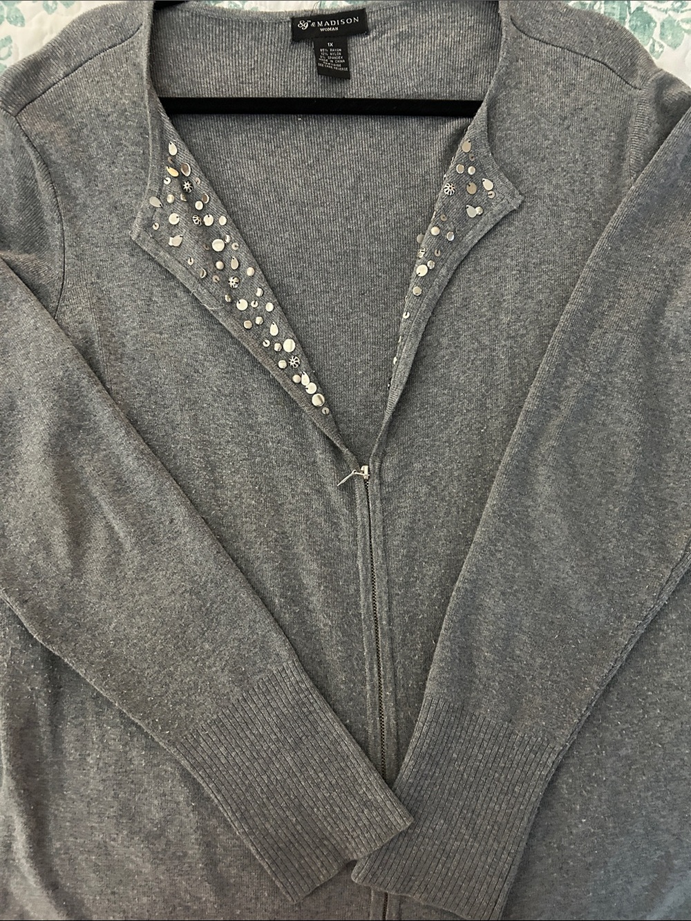 MadisonGray Zip-Front Sweater with silver tone embellishments Trim